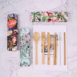 花紋帆布竹質便攜套裝